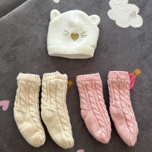 Cozy Knit Baby Hat and Socks Set - White and Pink